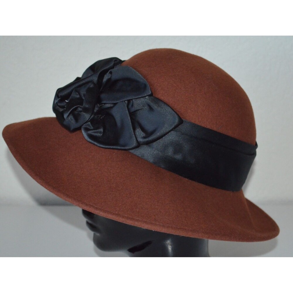 Vintage Toucan Collection Wide Brim 100% Wool Hat Brown Black Satin Band Flower